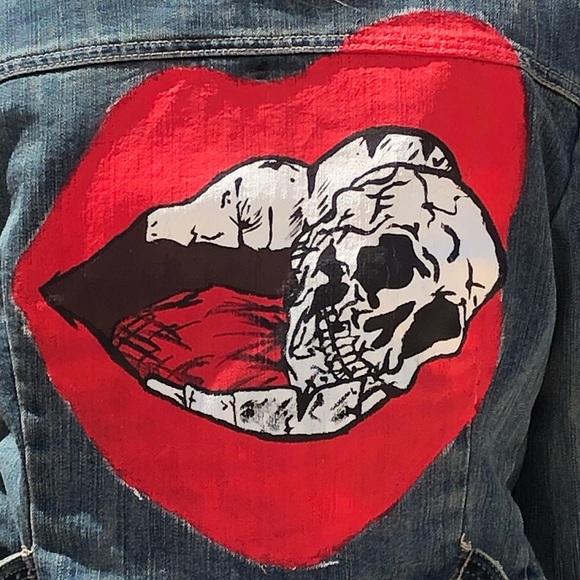 Baccini Custom Painted Jean Jacket Skull Mouth Small Long Sleeve Open Denim - Picture 3 of 8